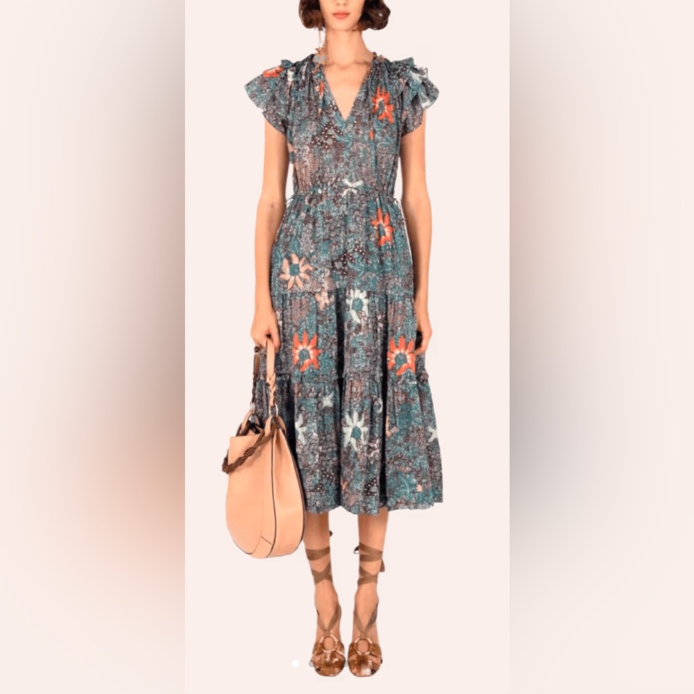 Ulla Johnson Rema Floral Ruffle Sleeve Cotton Blend Dress in Malachite Size 4